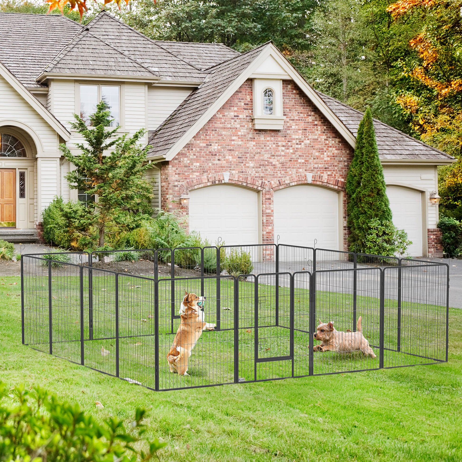 Puppy Playpen, Puppy Playpen with 16 Grids each 80x100 cm, Enclosure for Large, Medium, Small Dogs, Small Animal Playpen, DIY Puppy Pen with Two Doors, Steel, Gray, 320 x 320 x 100 cm
