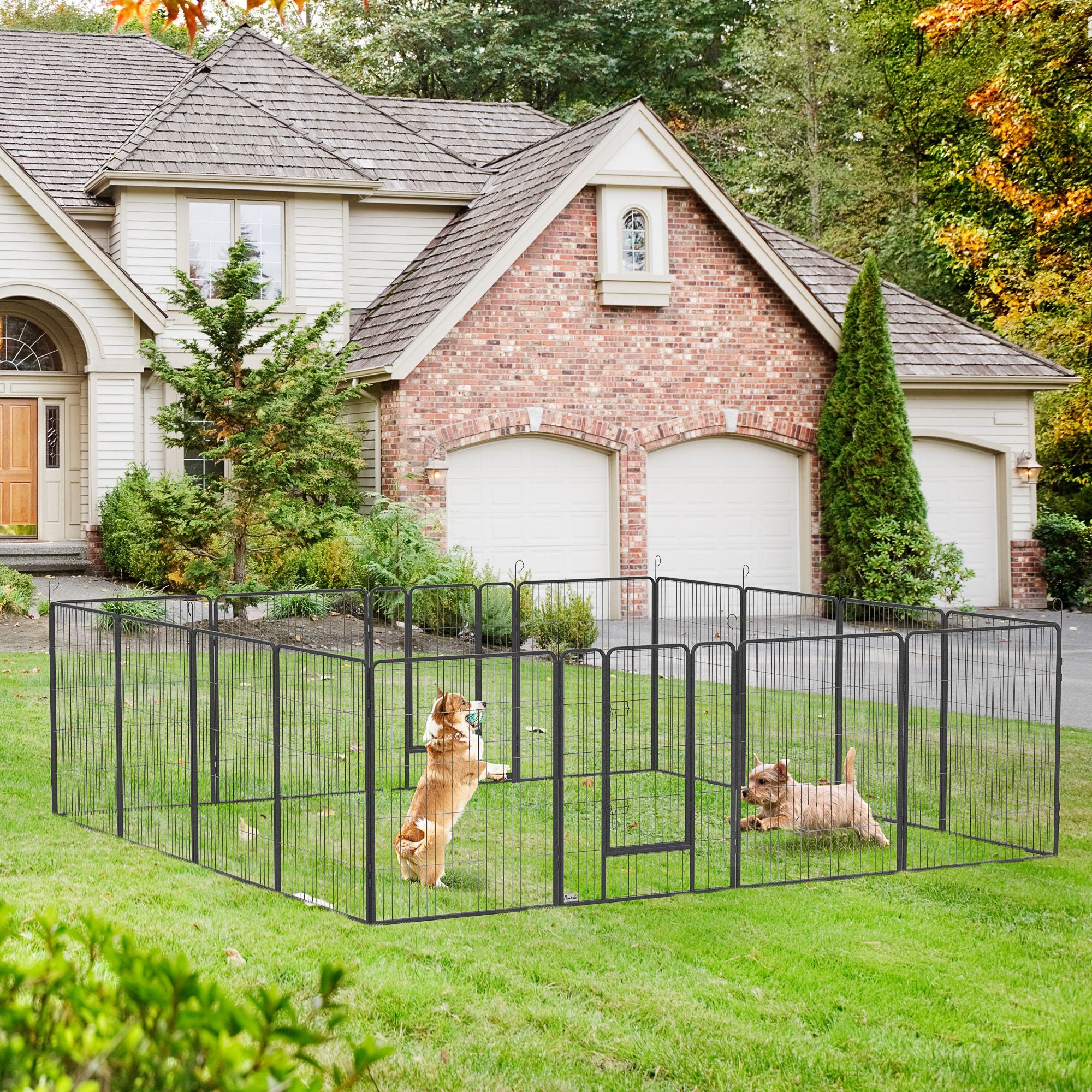 Puppy Playpen, Puppy Playpen with 16 Grids each 80x100 cm, Enclosure for Large, Medium, Small Dogs, Small Animal Playpen, DIY Puppy Pen with Two Doors, Steel, Gray, 320 x 320 x 100 cm
