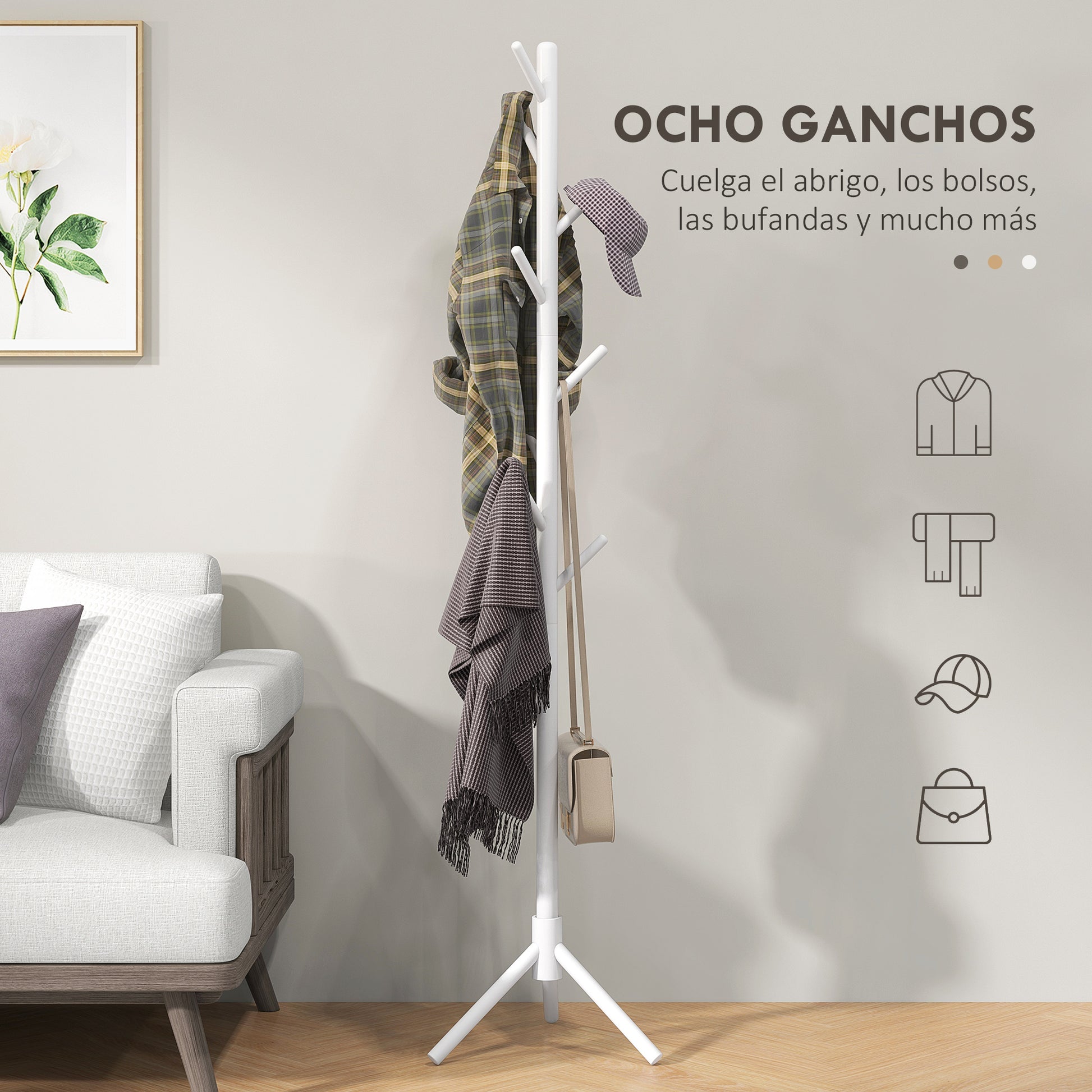 Coat Rack Stand Clothes Rack Wooden with 8 Hooks for Hanging Bags Tree Shape for Hallway Entryway Bedroom 40x40x165 cm White