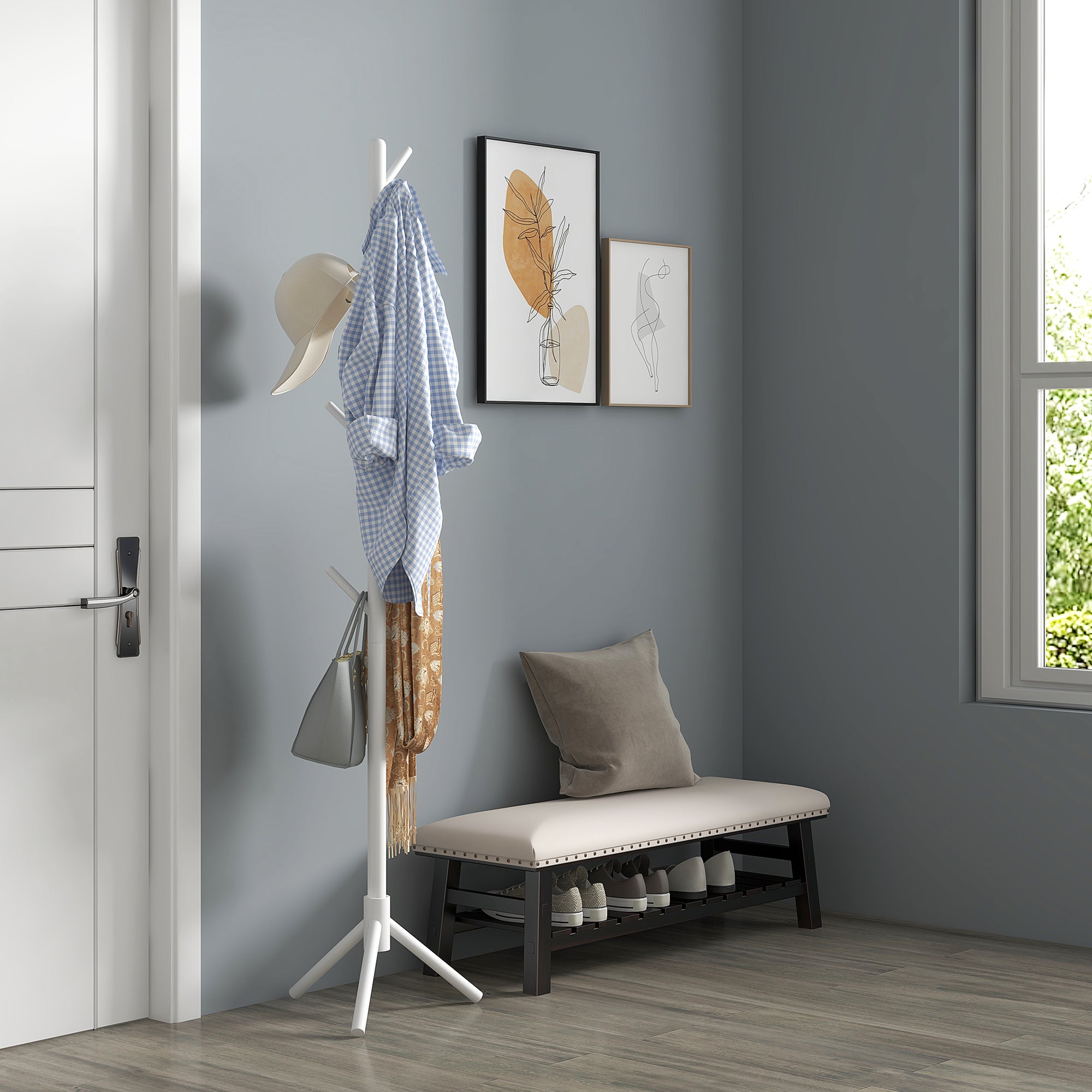 Coat Rack Stand Clothes Rack Wooden with 8 Hooks for Hanging Bags Tree Shape for Hallway Entryway Bedroom 40x40x165 cm White