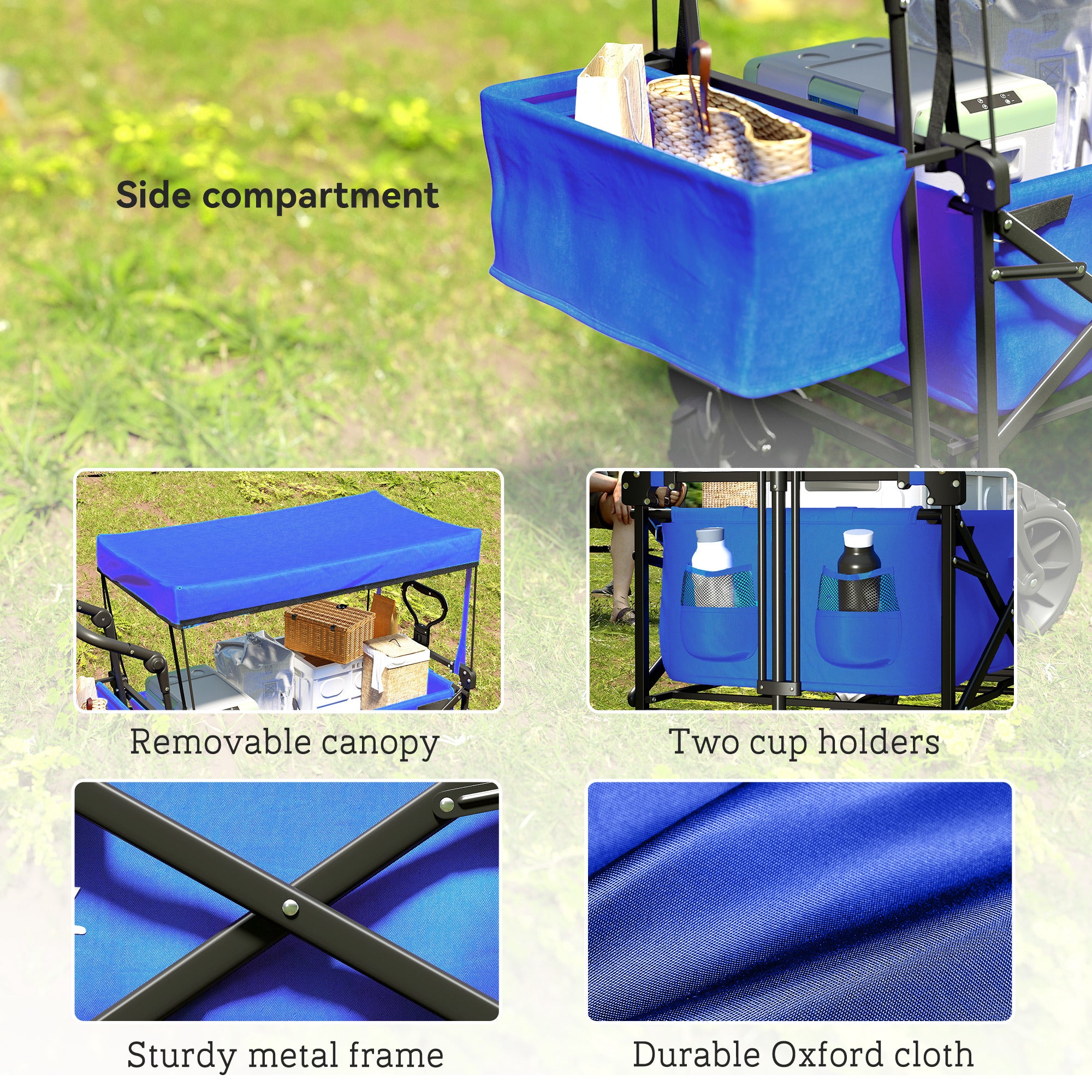 Folding Transport Cart with Universal Wheels Folding Hand Cart with Canopy and Adjustable Handle Maximum Load 68 kg for Garden Camping Travel 117x55x98 cm Blue