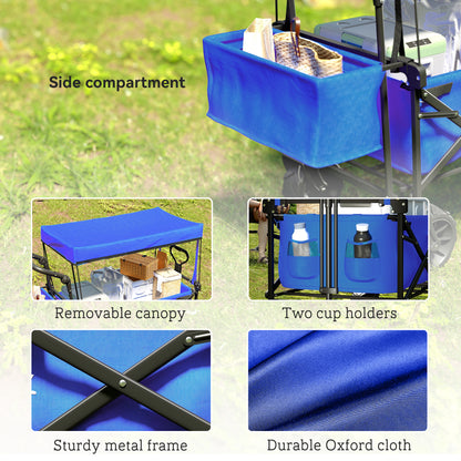 Folding Transport Cart with Universal Wheels Folding Hand Cart with Canopy and Adjustable Handle Maximum Load 68 kg for Garden Camping Travel 117x55x98 cm Blue