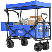 Folding Transport Cart with Universal Wheels Folding Hand Cart with Canopy and Adjustable Handle Maximum Load 68 kg for Garden Camping Travel 117x55x98 cm Blue