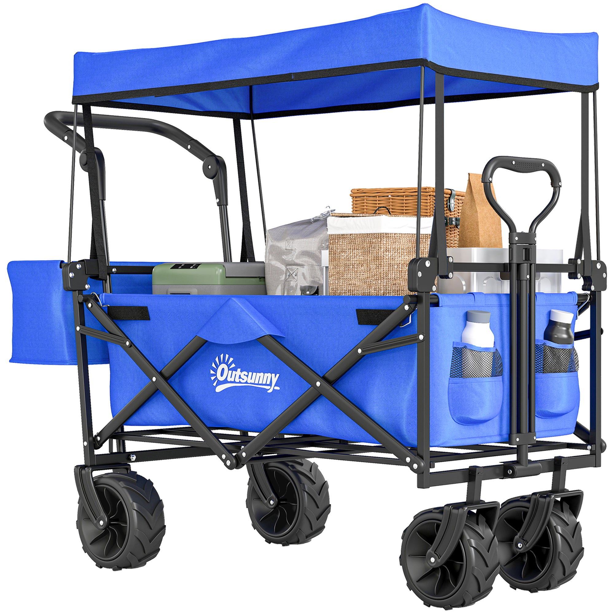 Folding Transport Cart with Universal Wheels Folding Hand Cart with Canopy and Adjustable Handle Maximum Load 68 kg for Garden Camping Travel 117x55x98 cm Blue