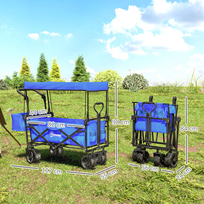 Folding Transport Cart with Universal Wheels Folding Hand Cart with Canopy and Adjustable Handle Maximum Load 68 kg for Garden Camping Travel 117x55x98 cm Blue