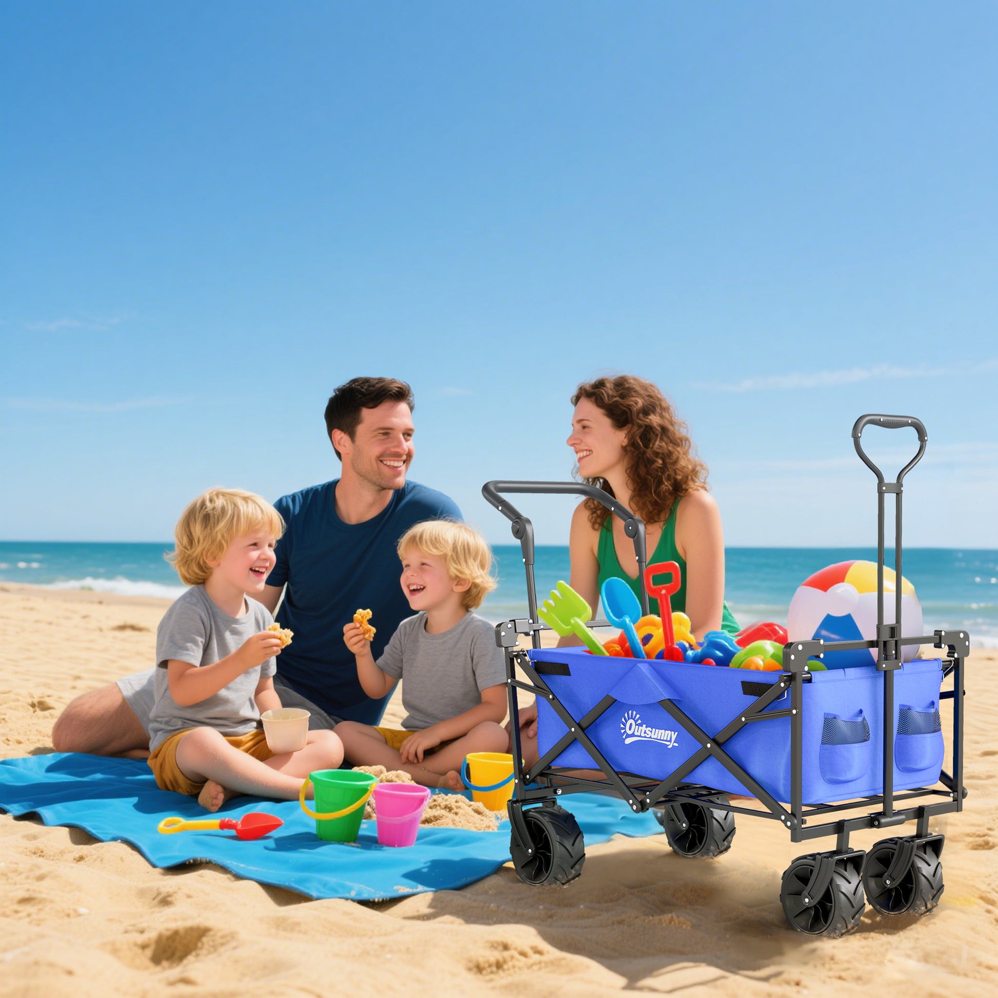Folding Transport Cart with Universal Wheels Folding Hand Cart with Canopy and Adjustable Handle Maximum Load 68 kg for Garden Camping Travel 117x55x98 cm Blue