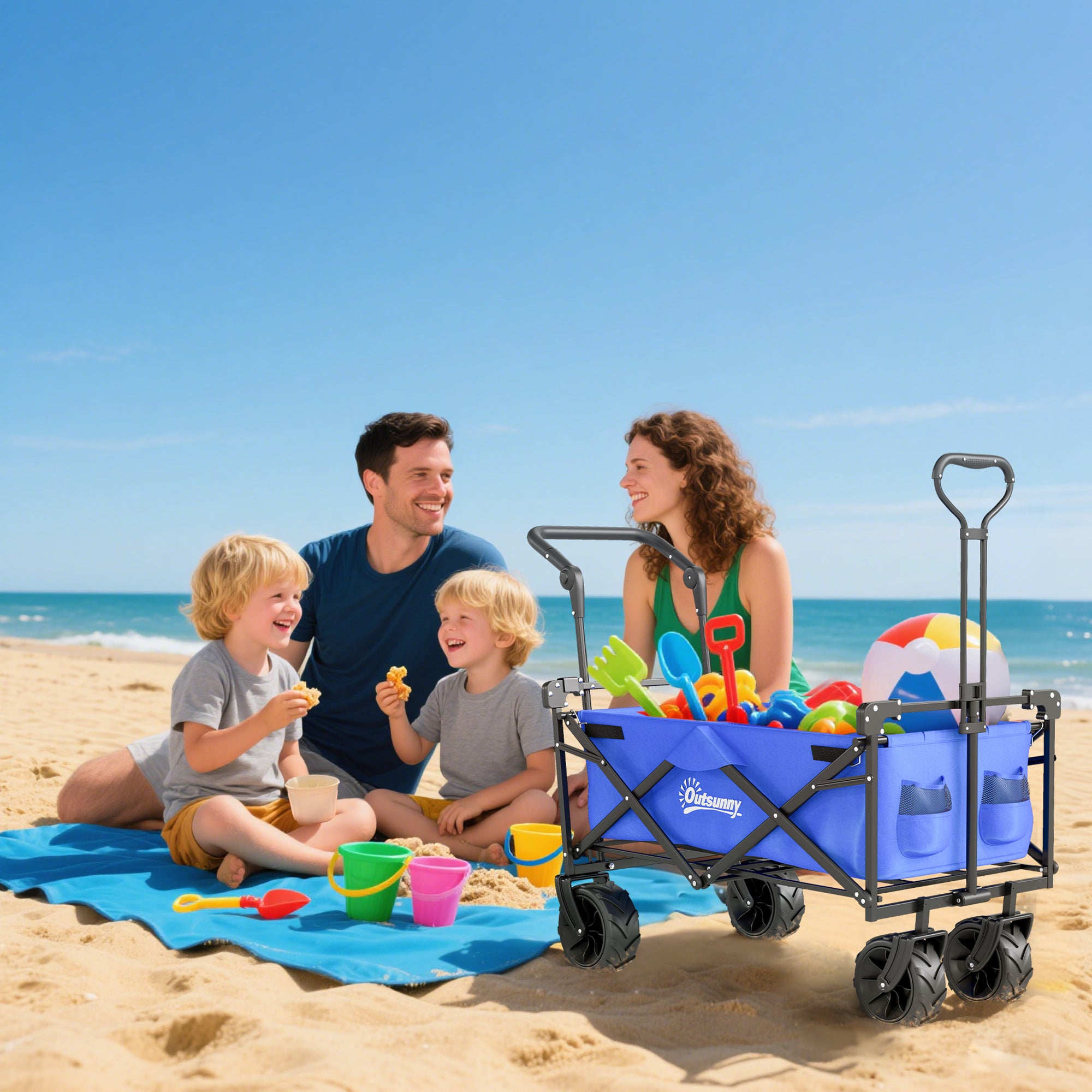 Folding Transport Cart with Universal Wheels Folding Hand Cart with Canopy and Adjustable Handle Maximum Load 68 kg for Garden Camping Travel 117x55x98 cm Blue