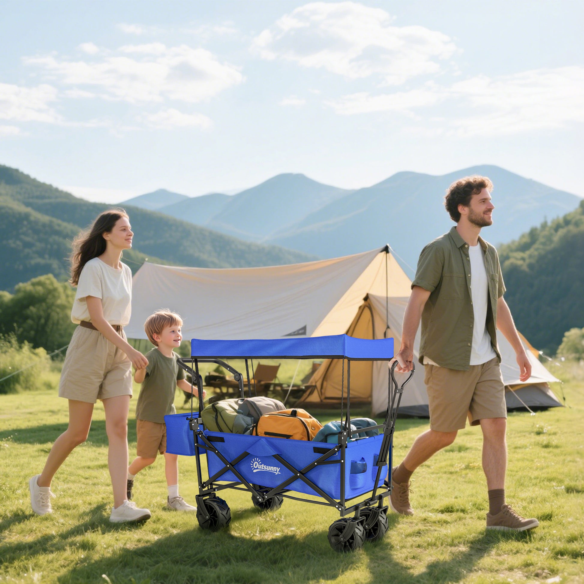 Folding Transport Cart with Universal Wheels Folding Hand Cart with Canopy and Adjustable Handle Maximum Load 68 kg for Garden Camping Travel 117x55x98 cm Blue