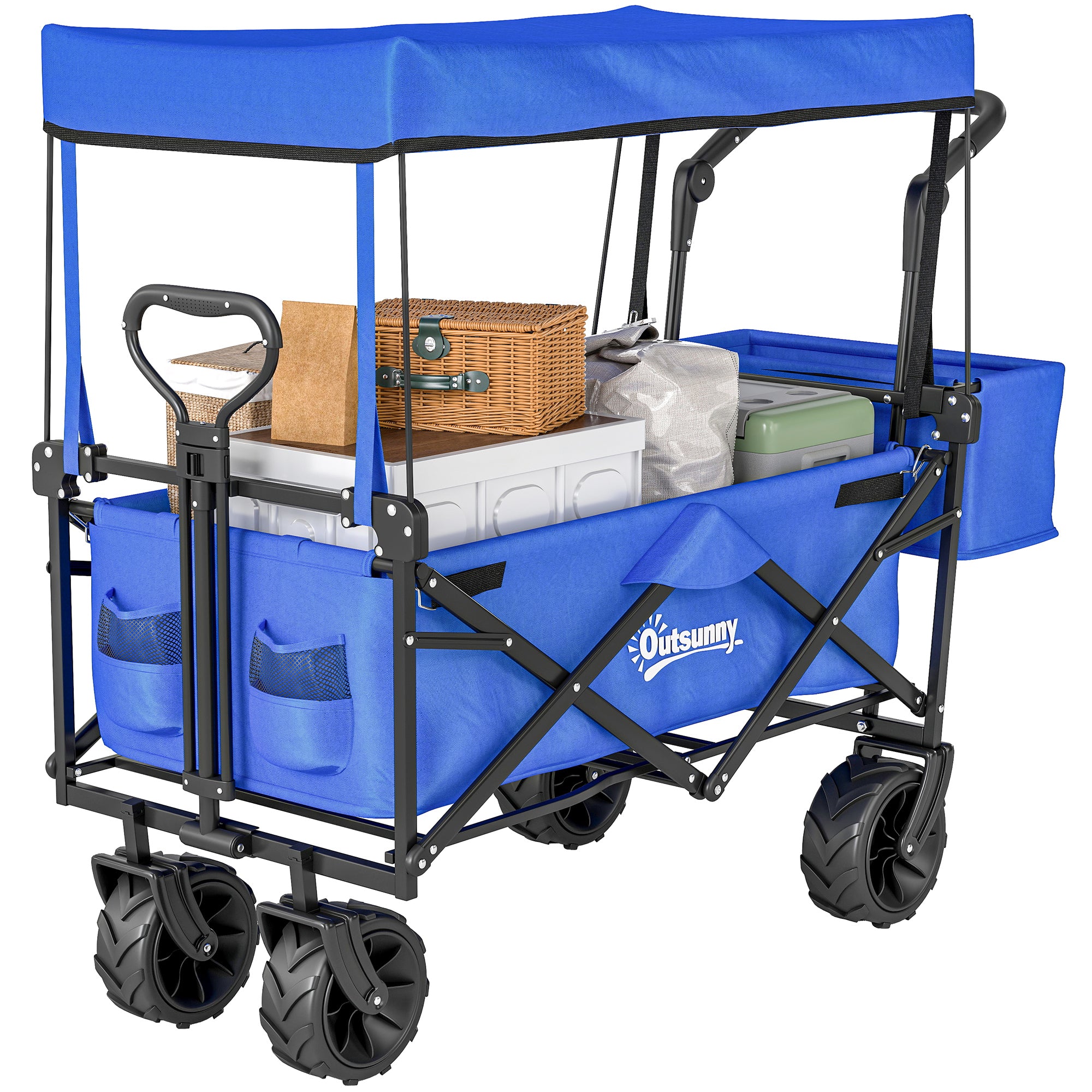 Folding Transport Cart with Universal Wheels Folding Hand Cart with Canopy and Adjustable Handle Maximum Load 68 kg for Garden Camping Travel 117x55x98 cm Blue