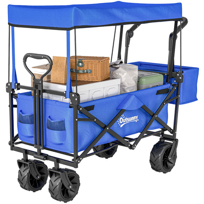 Folding Transport Cart with Universal Wheels Folding Hand Cart with Canopy and Adjustable Handle Maximum Load 68 kg for Garden Camping Travel 117x55x98 cm Blue