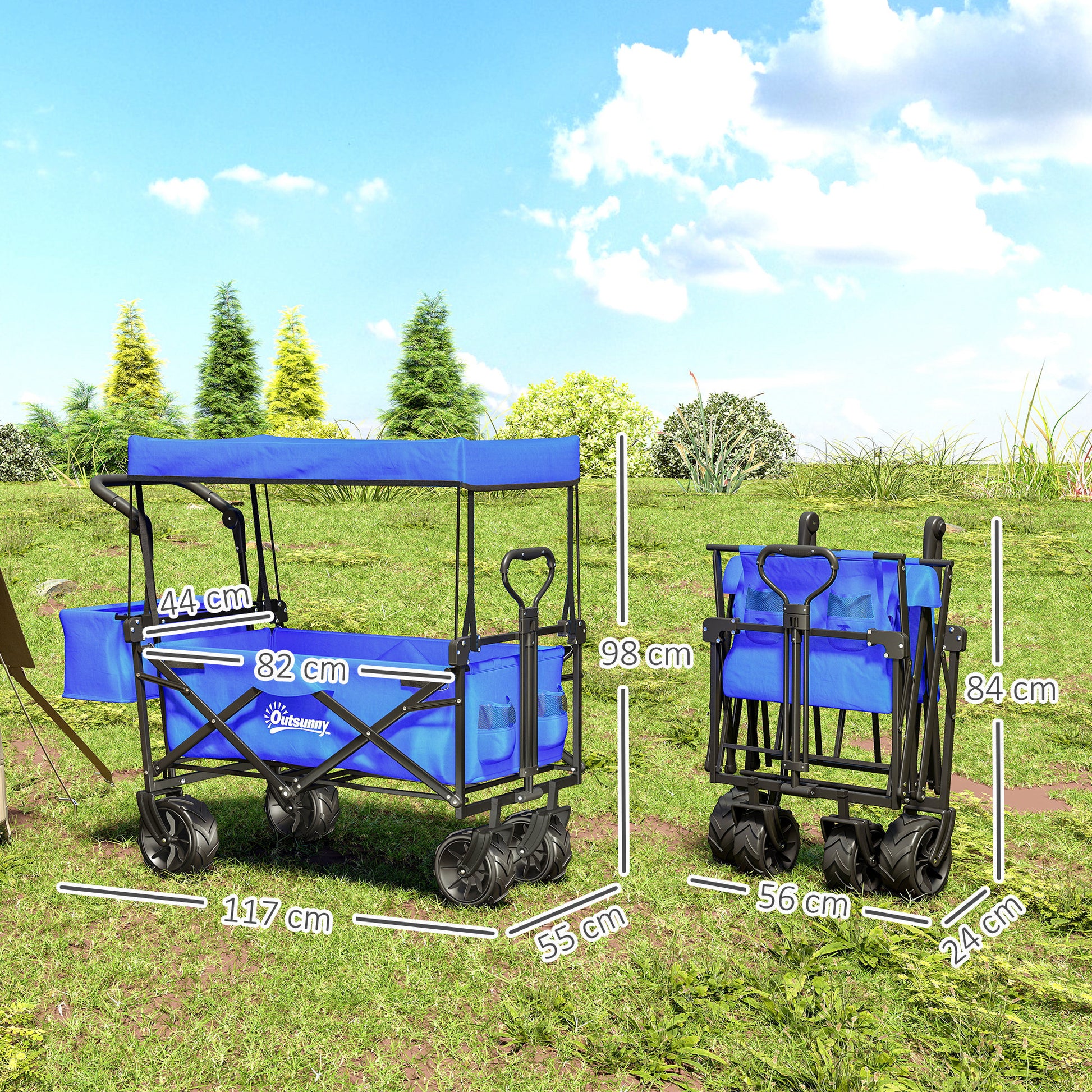 Folding Transport Cart with Universal Wheels Folding Hand Cart with Canopy and Adjustable Handle Maximum Load 68 kg for Garden Camping Travel 117x55x98 cm Blue