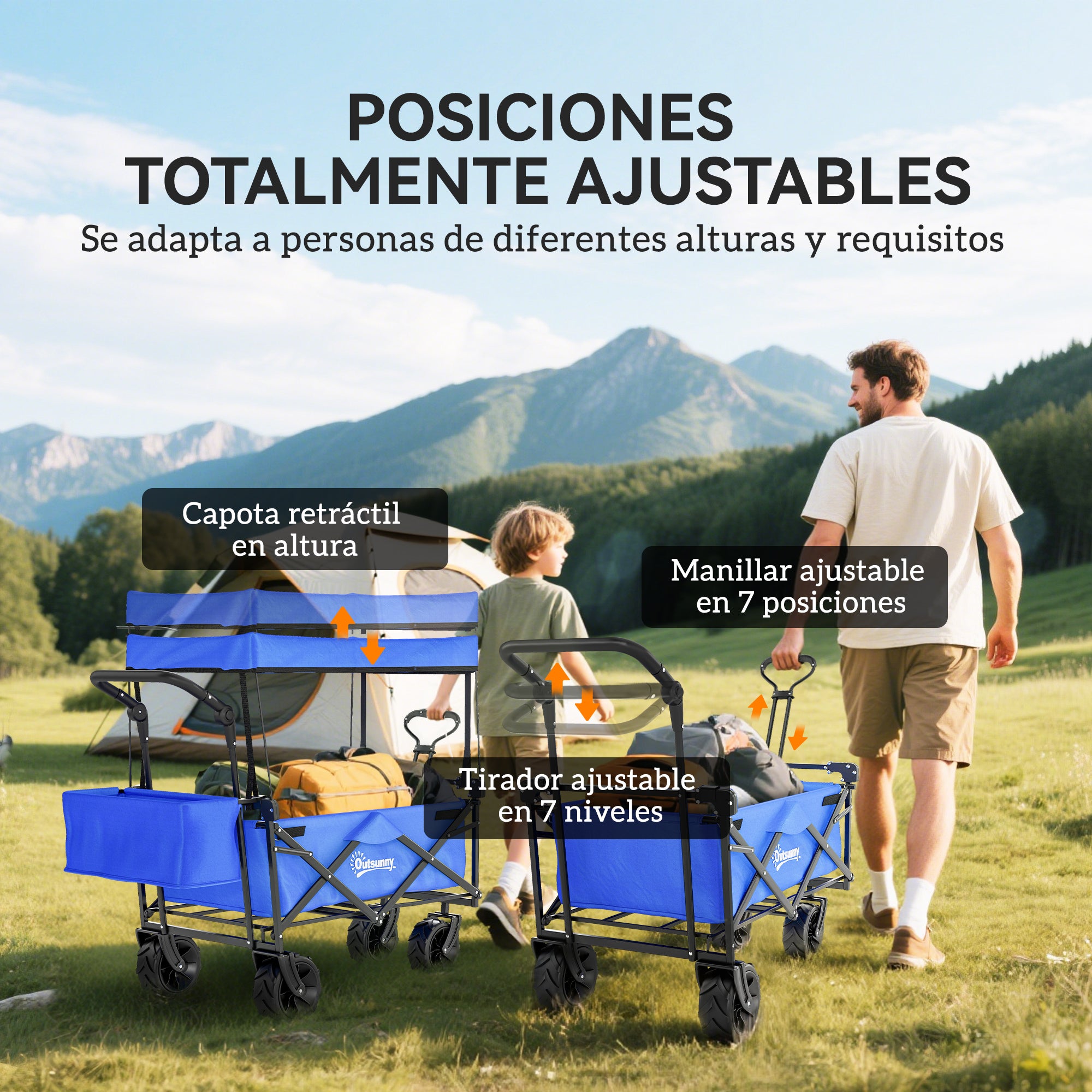 Folding Transport Cart with Universal Wheels Folding Hand Cart with Canopy and Adjustable Handle Maximum Load 68 kg for Garden Camping Travel 117x55x98 cm Blue