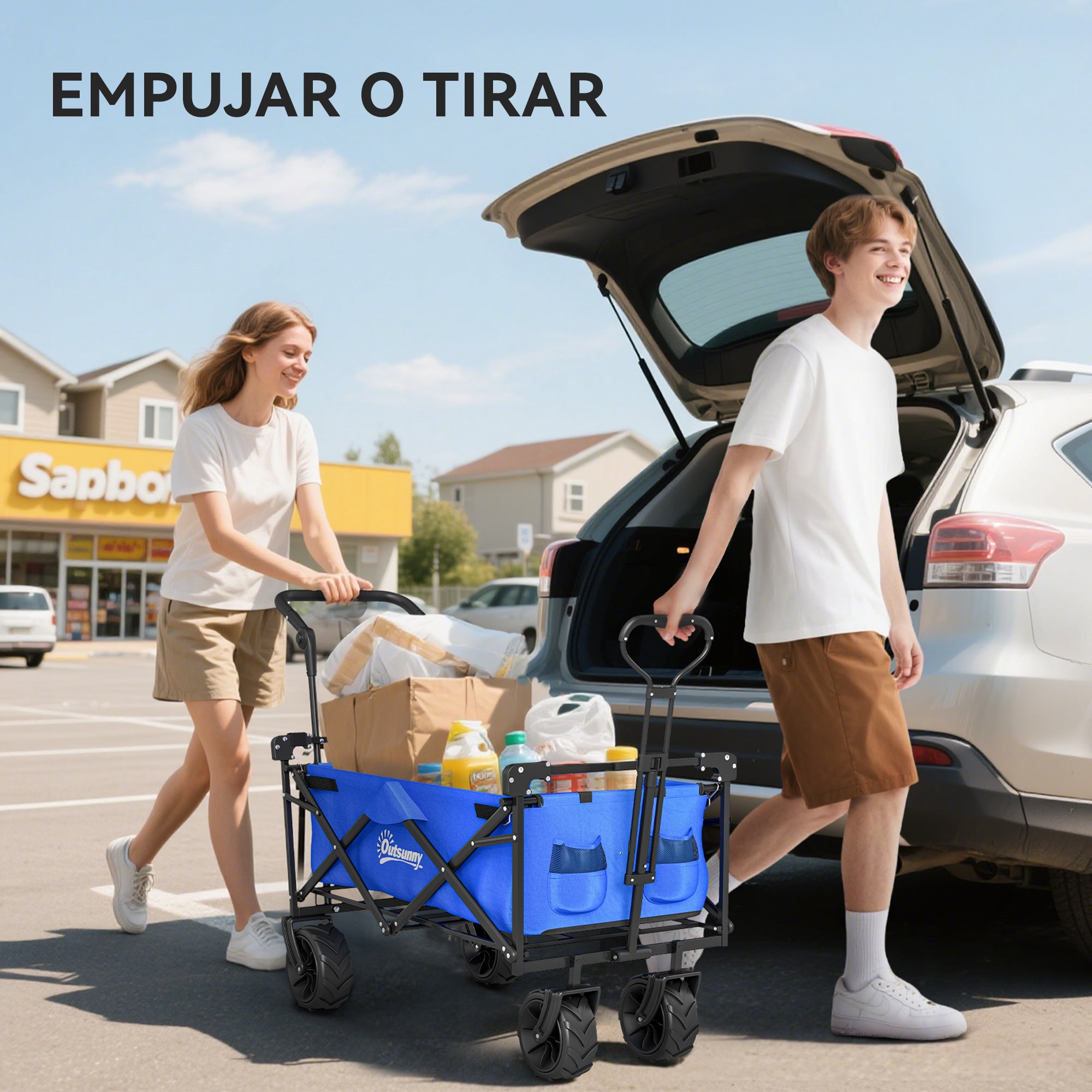 Folding Transport Cart with Universal Wheels Folding Hand Cart with Canopy and Adjustable Handle Maximum Load 68 kg for Garden Camping Travel 117x55x98 cm Blue