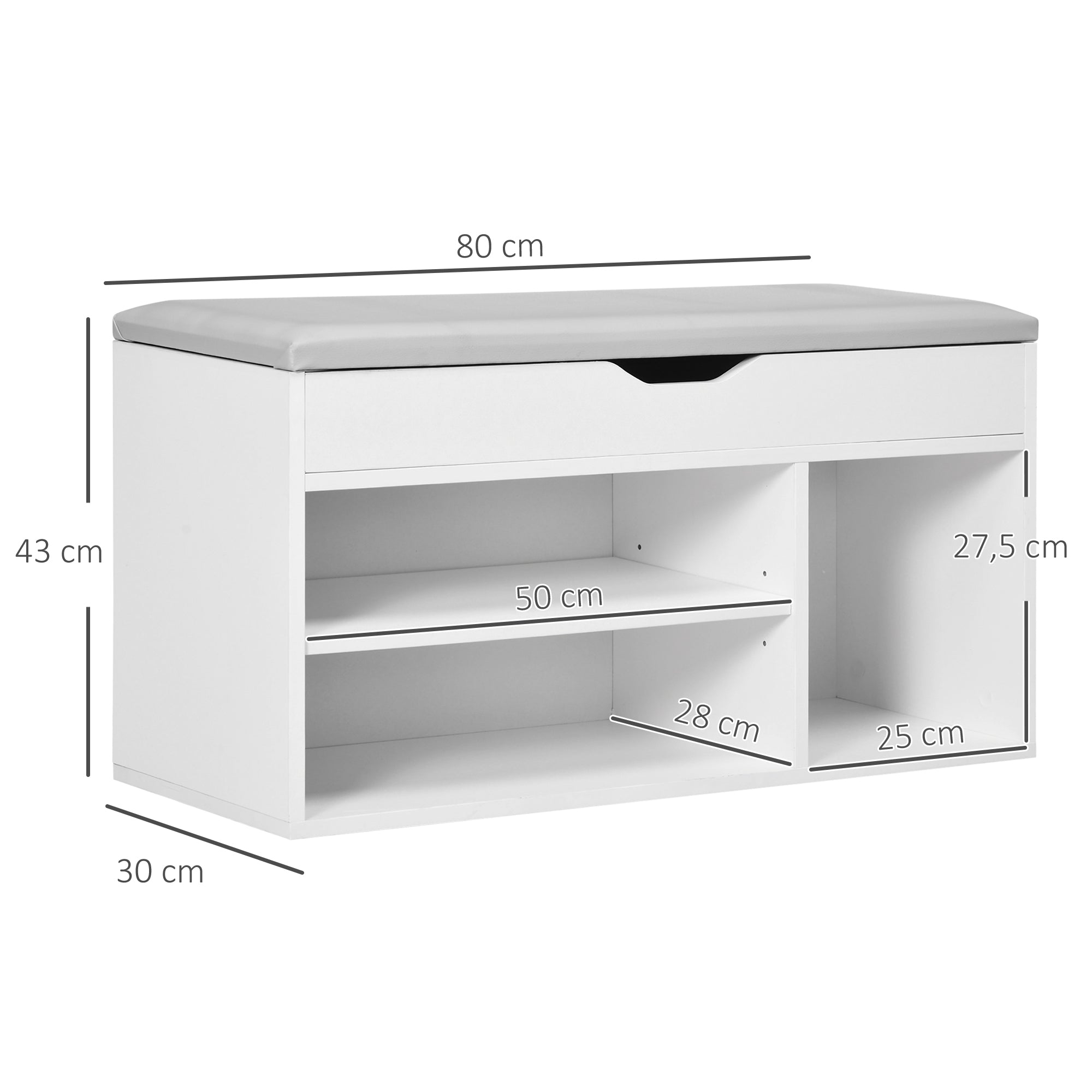 Shoe Cabinet Storage Bench with Seat Shelves Drawer and Cushion Two Levels for Entryway and Foyers Modern Max Load 120kg 80x30x43cm White