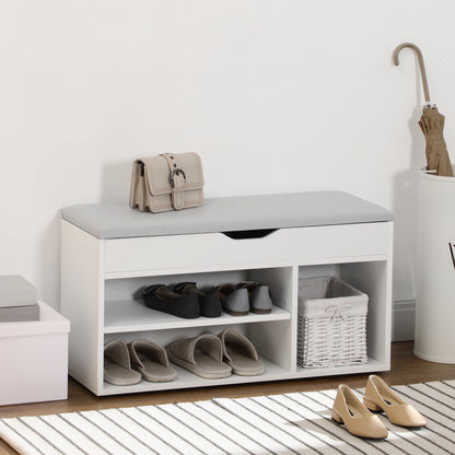 Shoe Cabinet Storage Bench with Seat Shelves Drawer and Cushion Two Levels for Entryway and Foyers Modern Max Load 120kg 80x30x43cm White