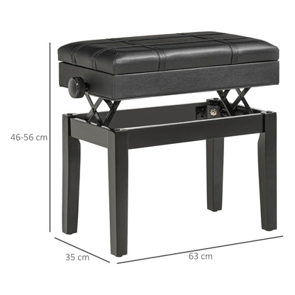 Piano Bench Height-Adjustable Piano Stool with Hidden Storage, Piano Bench with Leather Cushion, Black, 63 x 35 x 46-56 cm