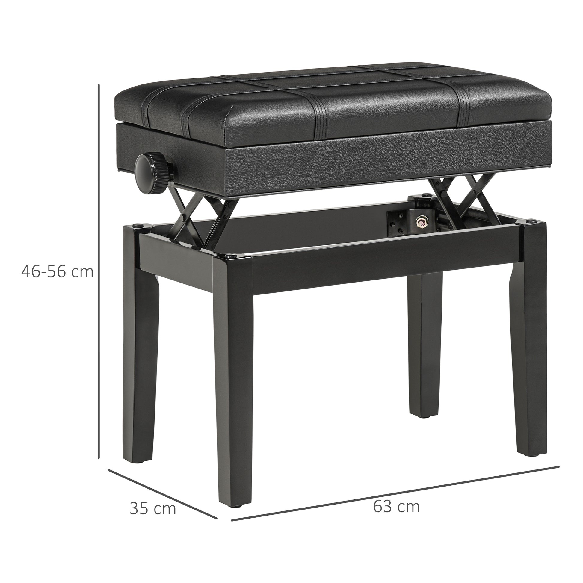 Piano Bench Height-Adjustable Piano Stool with Hidden Storage, Piano Bench with Leather Cushion, Black, 63 x 35 x 46-56 cm