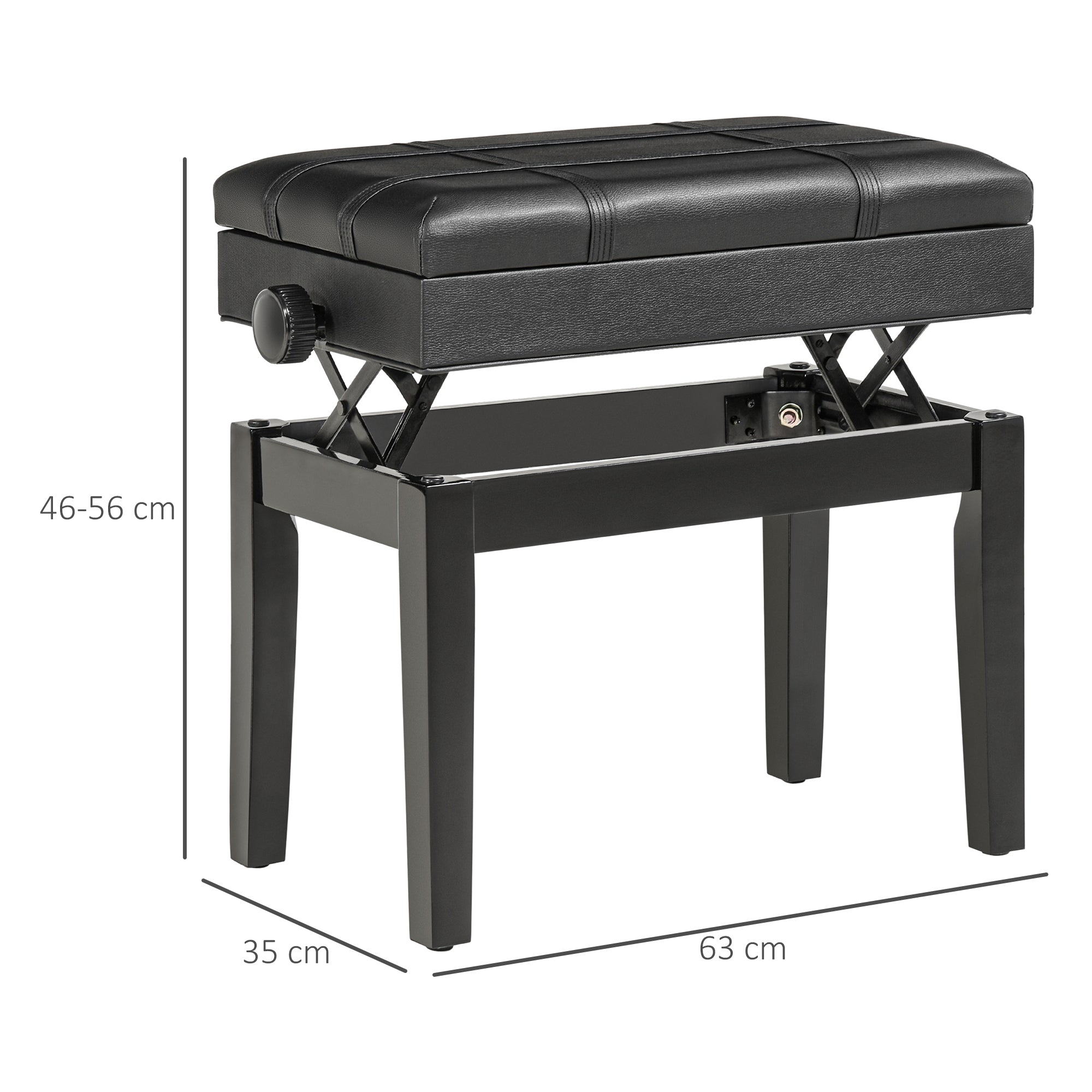 Piano Bench Height-Adjustable Piano Stool with Hidden Storage, Piano Bench with Leather Cushion, Black, 63 x 35 x 46-56 cm