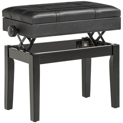 Piano Bench Height-Adjustable Piano Stool with Hidden Storage, Piano Bench with Leather Cushion, Black, 63 x 35 x 46-56 cm