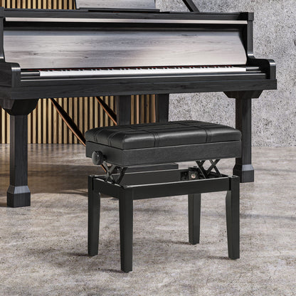 Piano Bench Height-Adjustable Piano Stool with Hidden Storage, Piano Bench with Leather Cushion, Black, 63 x 35 x 46-56 cm