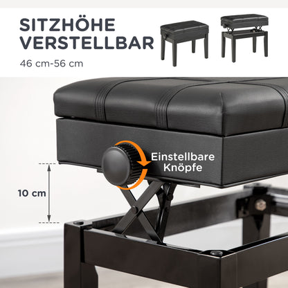 Piano Bench Height-Adjustable Piano Stool with Hidden Storage, Piano Bench with Leather Cushion, Black, 63 x 35 x 46-56 cm