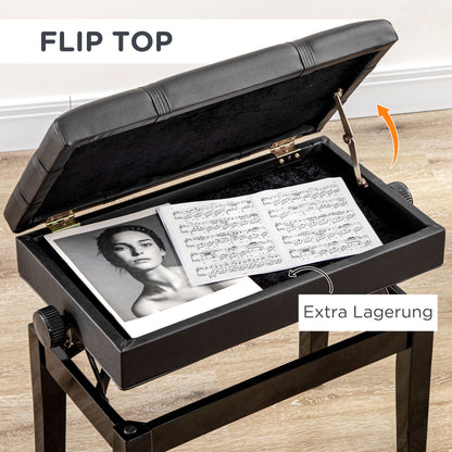 Piano Bench Height-Adjustable Piano Stool with Hidden Storage, Piano Bench with Leather Cushion, Black, 63 x 35 x 46-56 cm