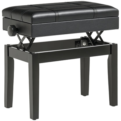 Piano Bench Height-Adjustable Piano Stool with Hidden Storage, Piano Bench with Leather Cushion, Black, 63 x 35 x 46-56 cm