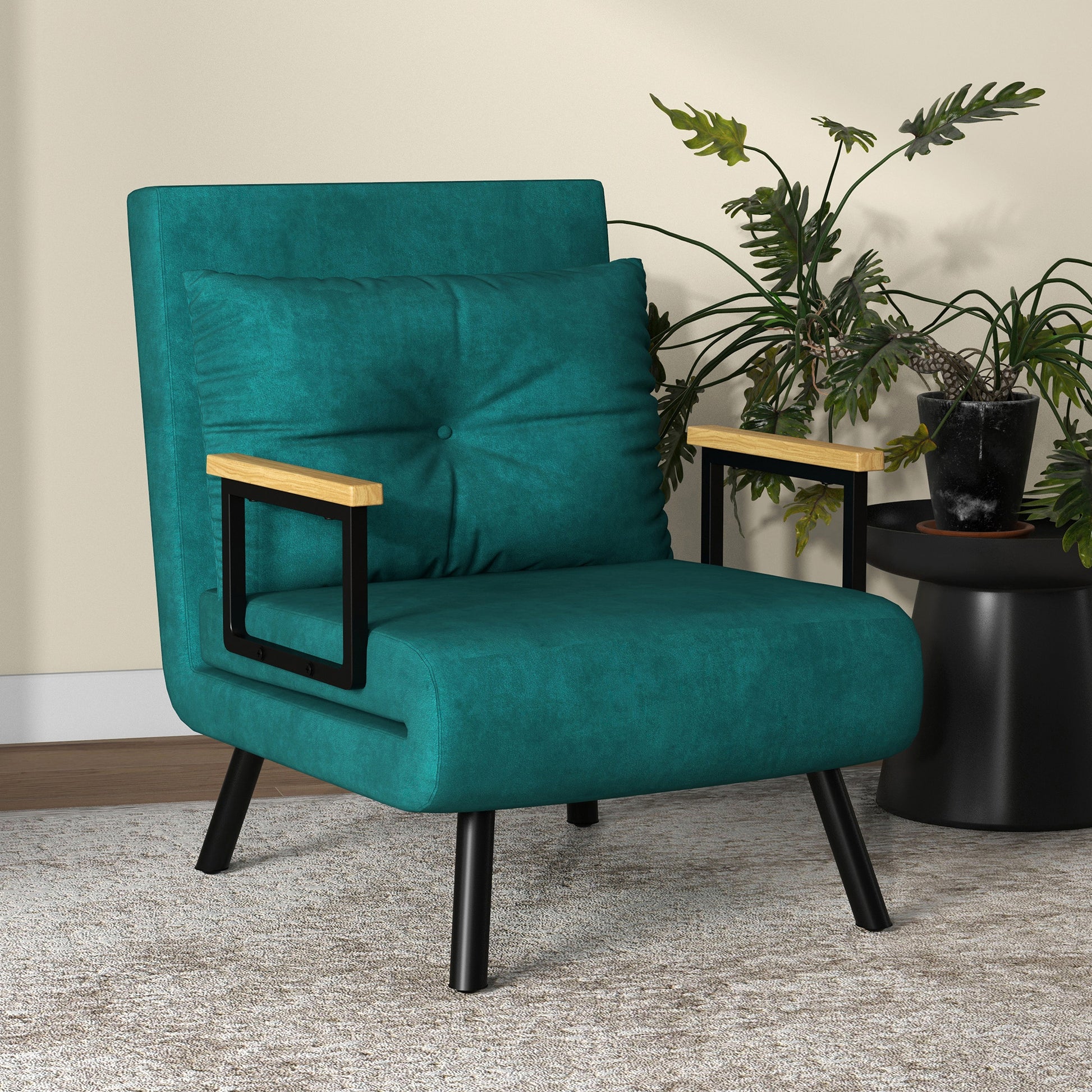 1-Seater Sofa Bed Folding Sofa Upholstered in Velvet with Adjustable 5-Level Backrest and Padded Pillow for Office Bedroom Living Room 63x73x81 cm Green