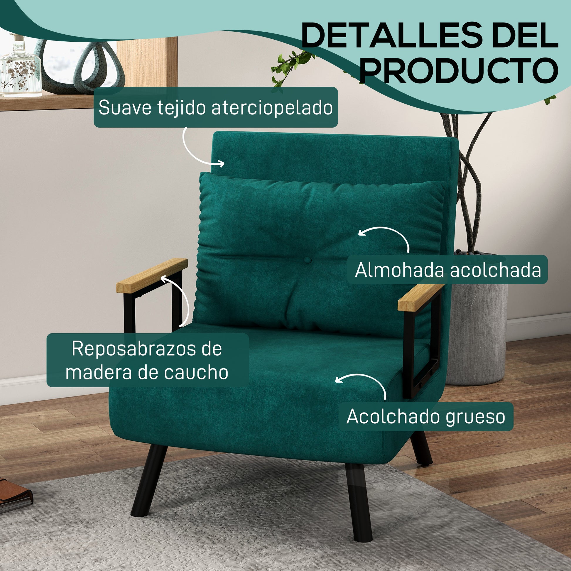 1-Seater Sofa Bed Folding Sofa Upholstered in Velvet with Adjustable 5-Level Backrest and Padded Pillow for Office Bedroom Living Room 63x73x81 cm Green