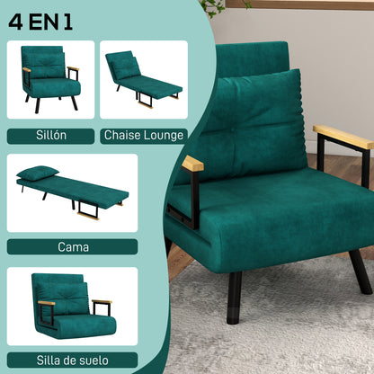 1-Seater Sofa Bed Folding Sofa Upholstered in Velvet with Adjustable 5-Level Backrest and Padded Pillow for Office Bedroom Living Room 63x73x81 cm Green