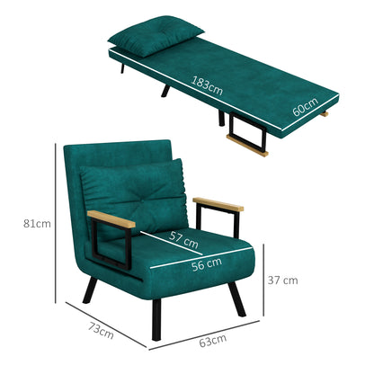 1-Seater Sofa Bed Folding Sofa Upholstered in Velvet with Adjustable 5-Level Backrest and Padded Pillow for Office Bedroom Living Room 63x73x81 cm Green