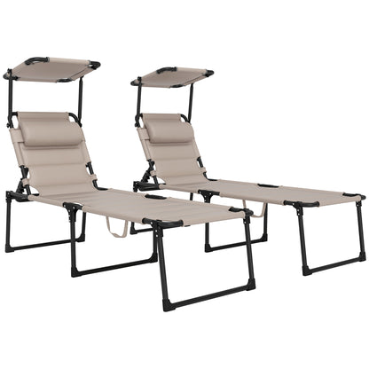 Set of 2 Folding Sun Loungers with Adjustable Sunshade Multi-Position Comfortable Backrest, Khaki