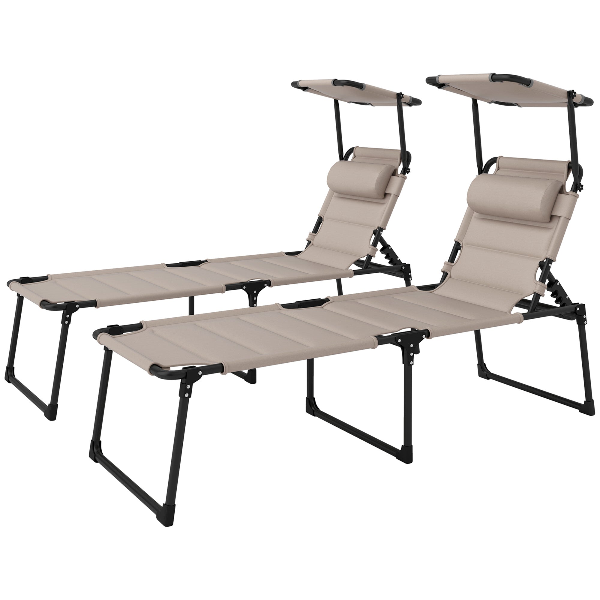 Set of 2 Folding Sun Loungers with Adjustable Sunshade Multi-Position Comfortable Backrest, Khaki