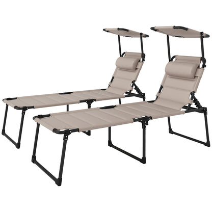 Set of 2 Folding Sun Loungers with Adjustable Sunshade Multi-Position Comfortable Backrest, Khaki
