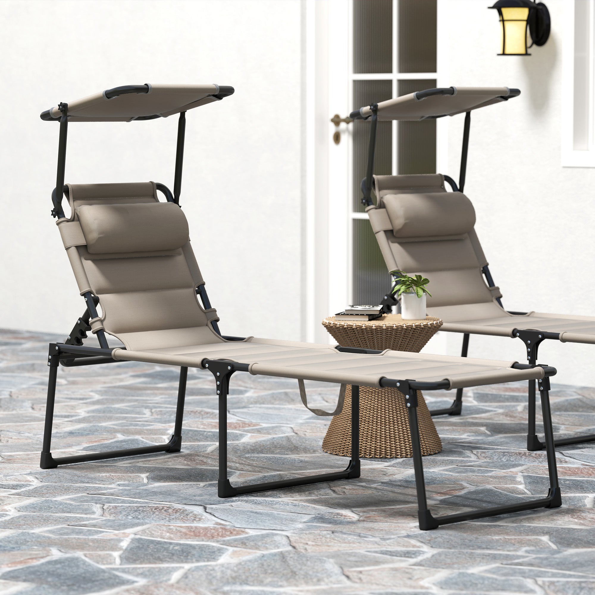 Set of 2 Folding Sun Loungers with Adjustable Sunshade Multi-Position Comfortable Backrest, Khaki