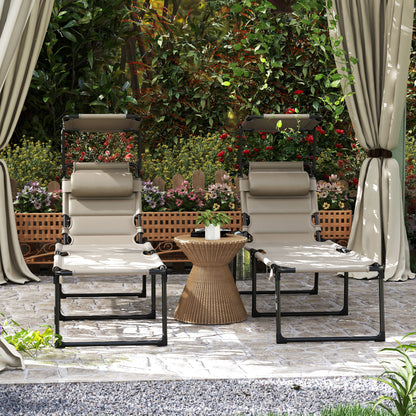 Set of 2 Folding Sun Loungers with Adjustable Sunshade Multi-Position Comfortable Backrest, Khaki
