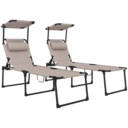 Set of 2 Folding Sun Loungers with Adjustable Sunshade Multi-Position Comfortable Backrest, Khaki