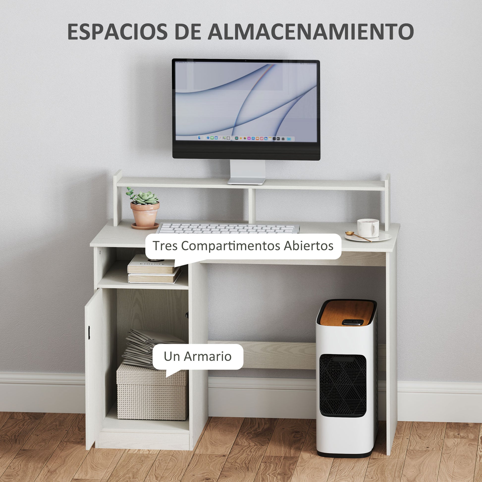 Modern Desk with Shelf Desk with Open Compartment Door and Monitor Stand Desk for Study Bedroom Home Office 108x50x94 cm Cream