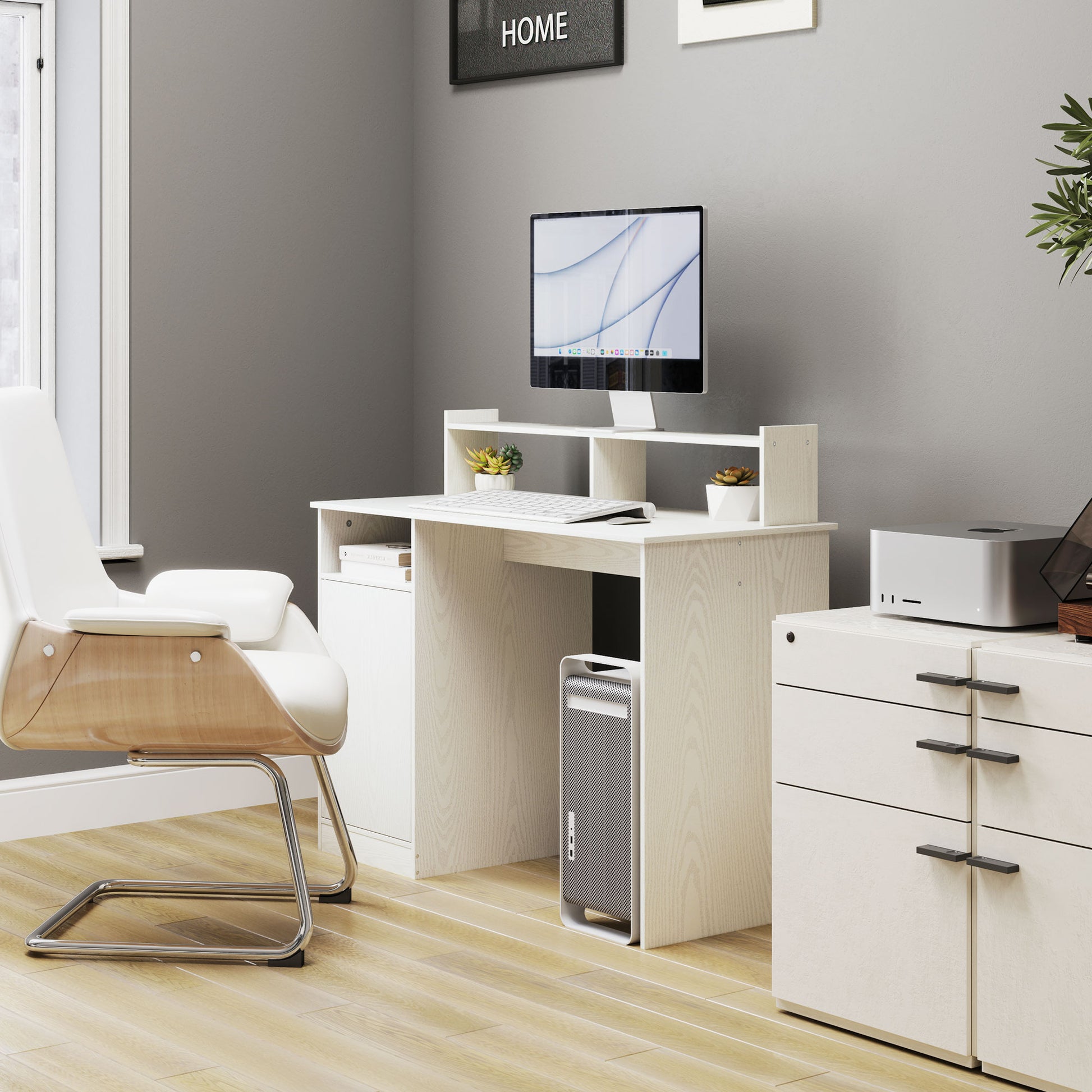 Modern Desk with Shelf Desk with Open Compartment Door and Monitor Stand Desk for Study Bedroom Home Office 108x50x94 cm Cream