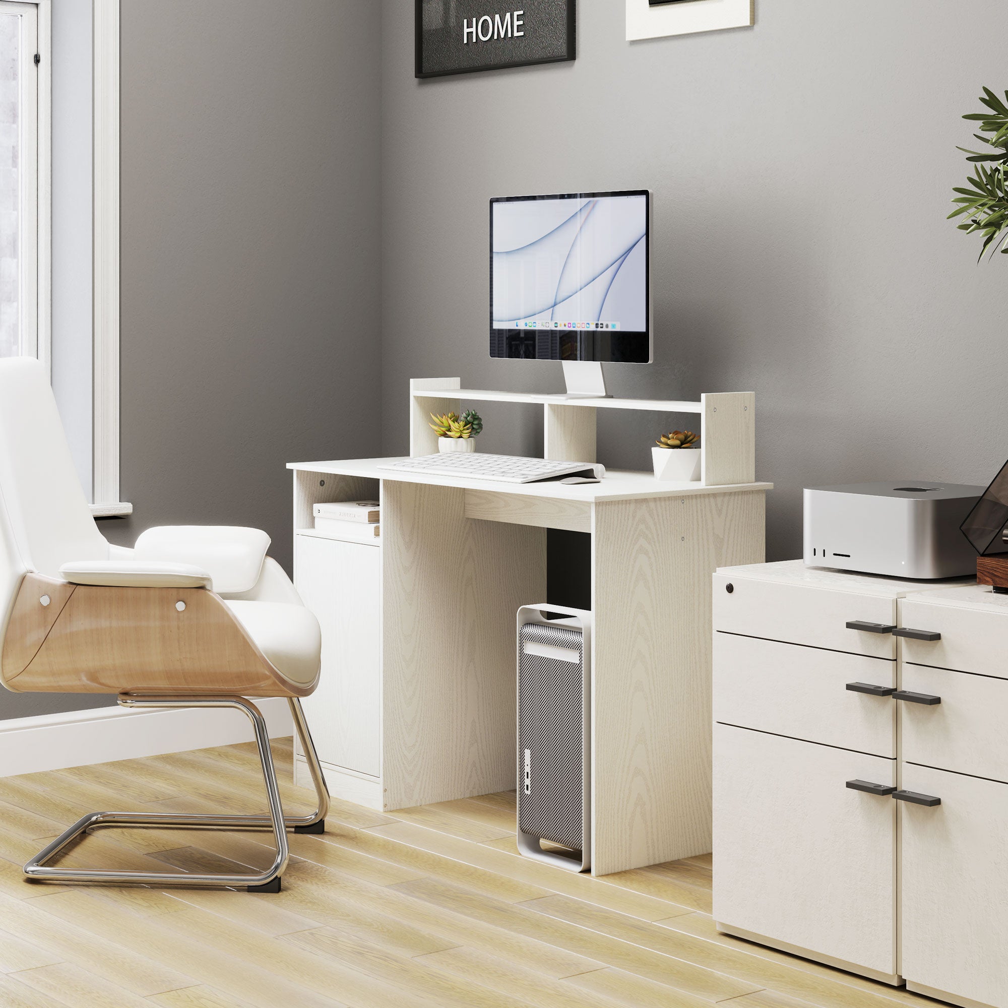 Modern Desk with Shelf Desk with Open Compartment Door and Monitor Stand Desk for Study Bedroom Home Office 108x50x94 cm Cream