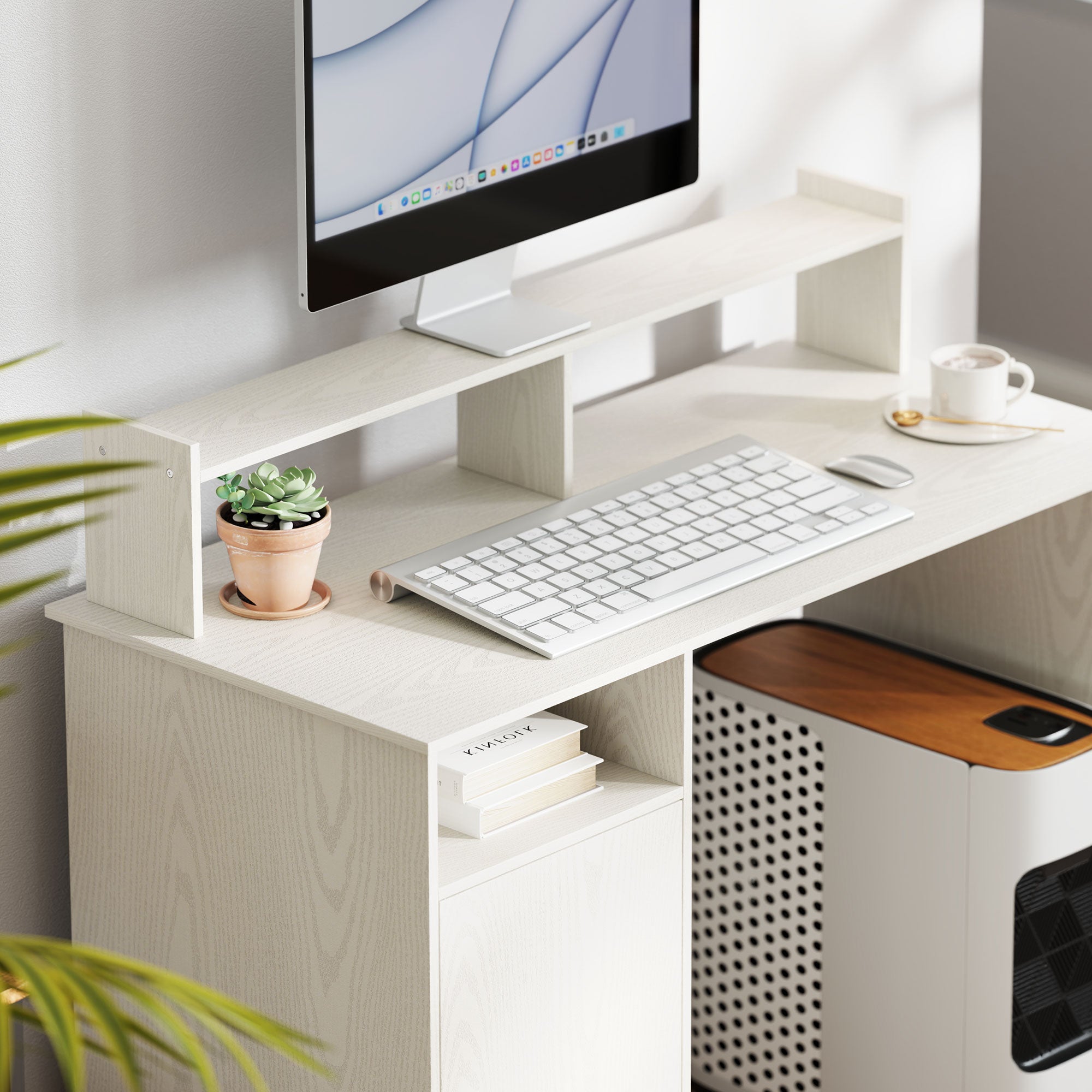 Modern Desk with Shelf Desk with Open Compartment Door and Monitor Stand Desk for Study Bedroom Home Office 108x50x94 cm Cream
