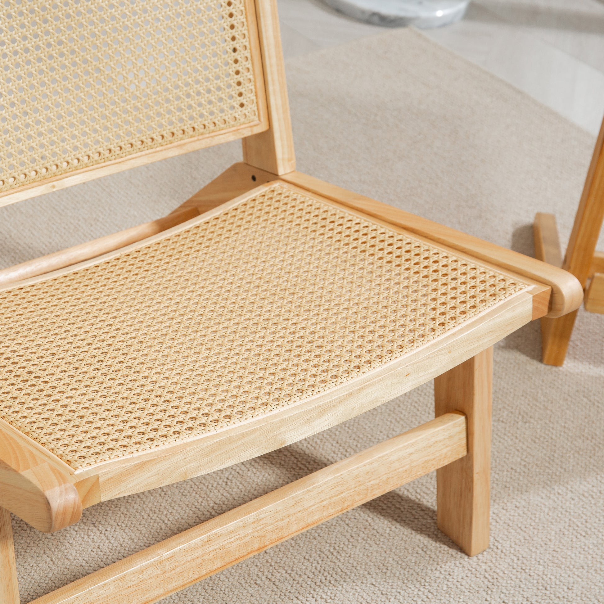 Armless Relax Chair with Rattan Backrest, Wooden Frame, Reading Chair for Living Room Bedroom Natural Wood