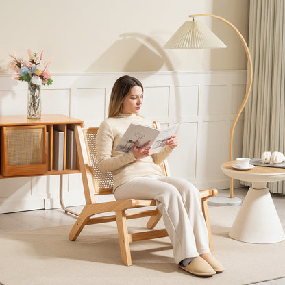 Armless Relax Chair with Rattan Backrest, Wooden Frame, Reading Chair for Living Room Bedroom Natural Wood