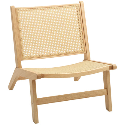 Armless Relax Chair with Rattan Backrest, Wooden Frame, Reading Chair for Living Room Bedroom Natural Wood