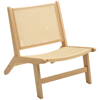 Armless Relax Chair with Rattan Backrest, Wooden Frame, Reading Chair for Living Room Bedroom Natural Wood