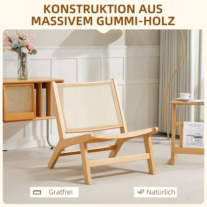 Armless Relax Chair with Rattan Backrest, Wooden Frame, Reading Chair for Living Room Bedroom Natural Wood