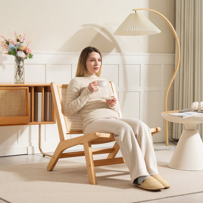 Armless Relax Chair with Rattan Backrest, Wooden Frame, Reading Chair for Living Room Bedroom Natural Wood