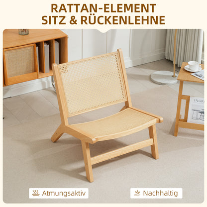 Armless Relax Chair with Rattan Backrest, Wooden Frame, Reading Chair for Living Room Bedroom Natural Wood