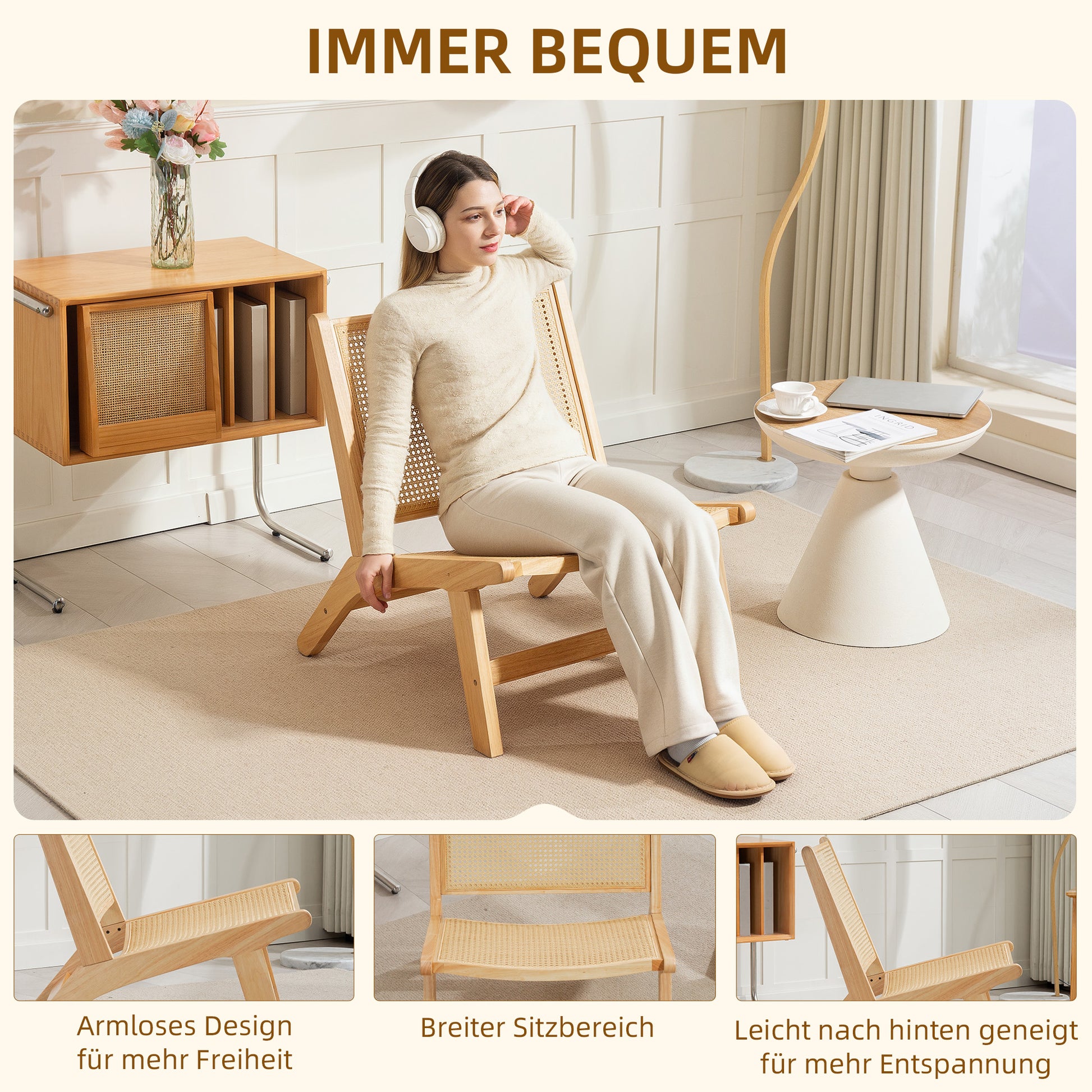 Armless Relax Chair with Rattan Backrest, Wooden Frame, Reading Chair for Living Room Bedroom Natural Wood