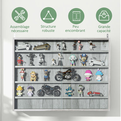 Collection Display Case Wall Mounted Display Case 80 x 9.5 x 60 cm with 4 Adjustable Shelves and 2 Sliding Glass Doors, for Miniature Figure and Car Collection, Gray